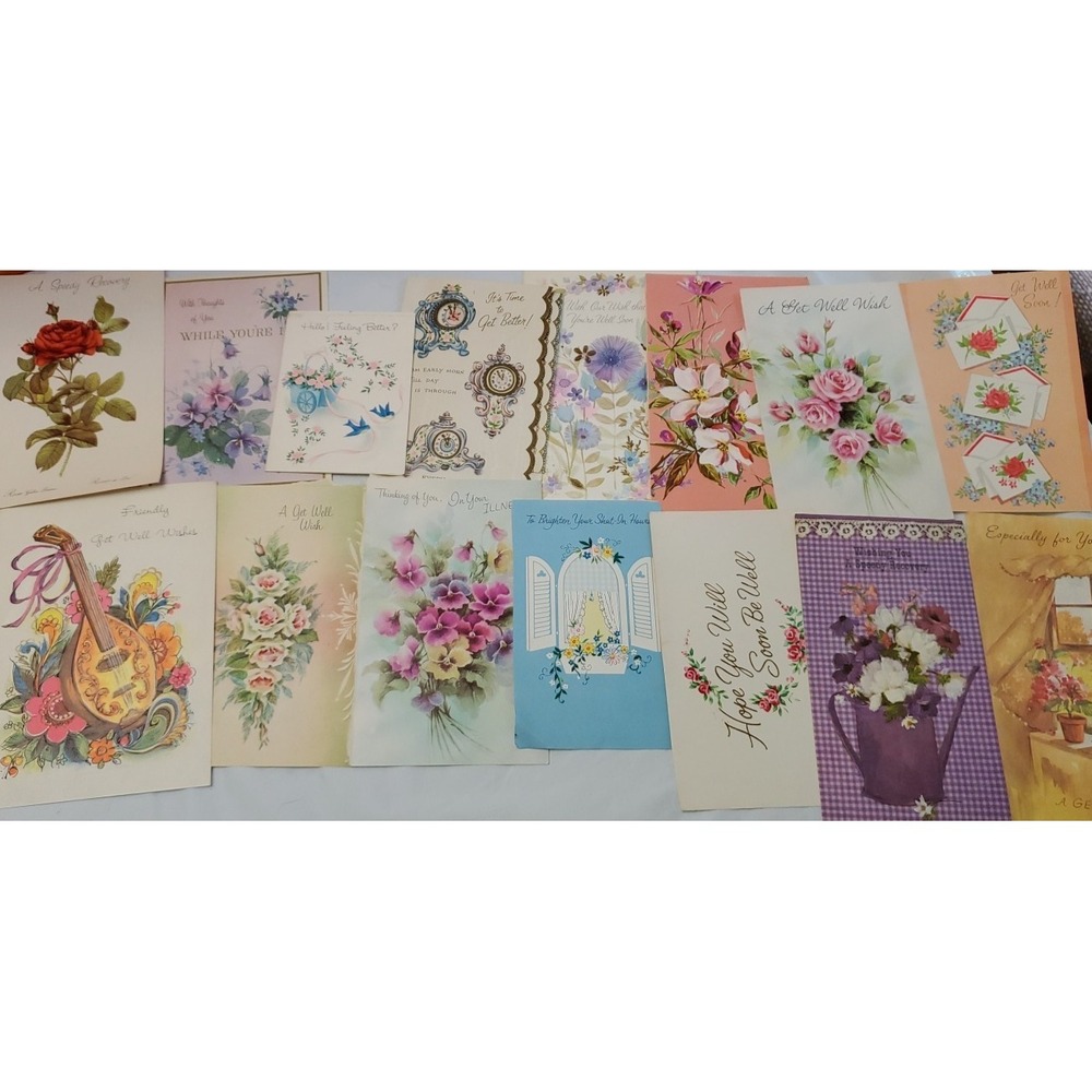 14 OldVintage Used Get Well Greeting Card Fronts Crafts Flowers Clock Bluebird
